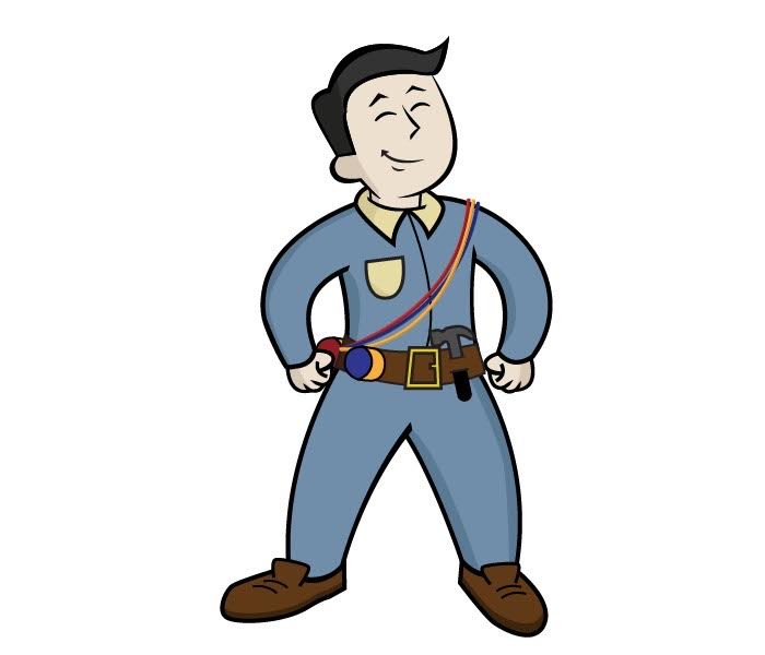 A cartoon version of a technician whose distinguishing features include wearing a belt and a smile.