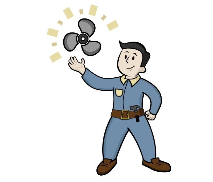 A cartoon of a technician with a new fan blade in mid-air.