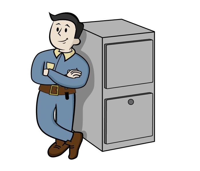 A cartoon HVAC technician is standing in front of a new furnace.