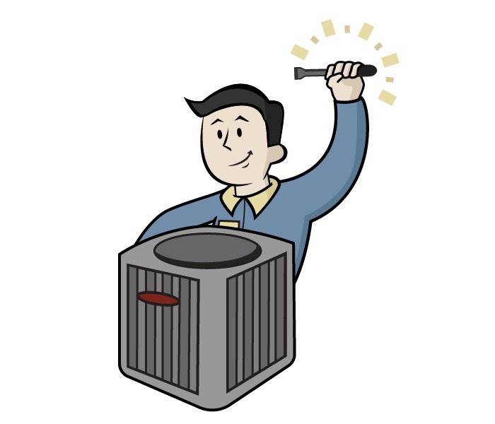 A cartoon HVAC repairman is fixing and cleaning a unit.